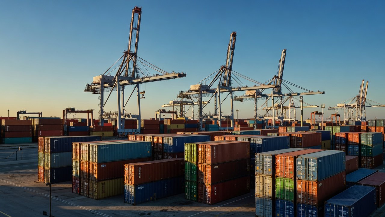 Shipping containers stacked at a port terminal with cranes in the background
