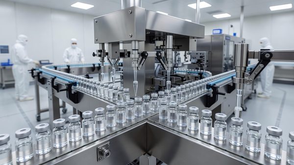 Sterile pharmaceutical production line with sealed vials moving along a filling machine