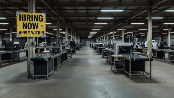 An empty factory production line with unused workstations and a hiring sign visible near the entrance