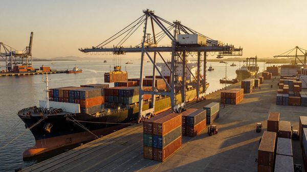 A cargo ship being loaded with shipping containers at a busy Southeast Asian port terminal