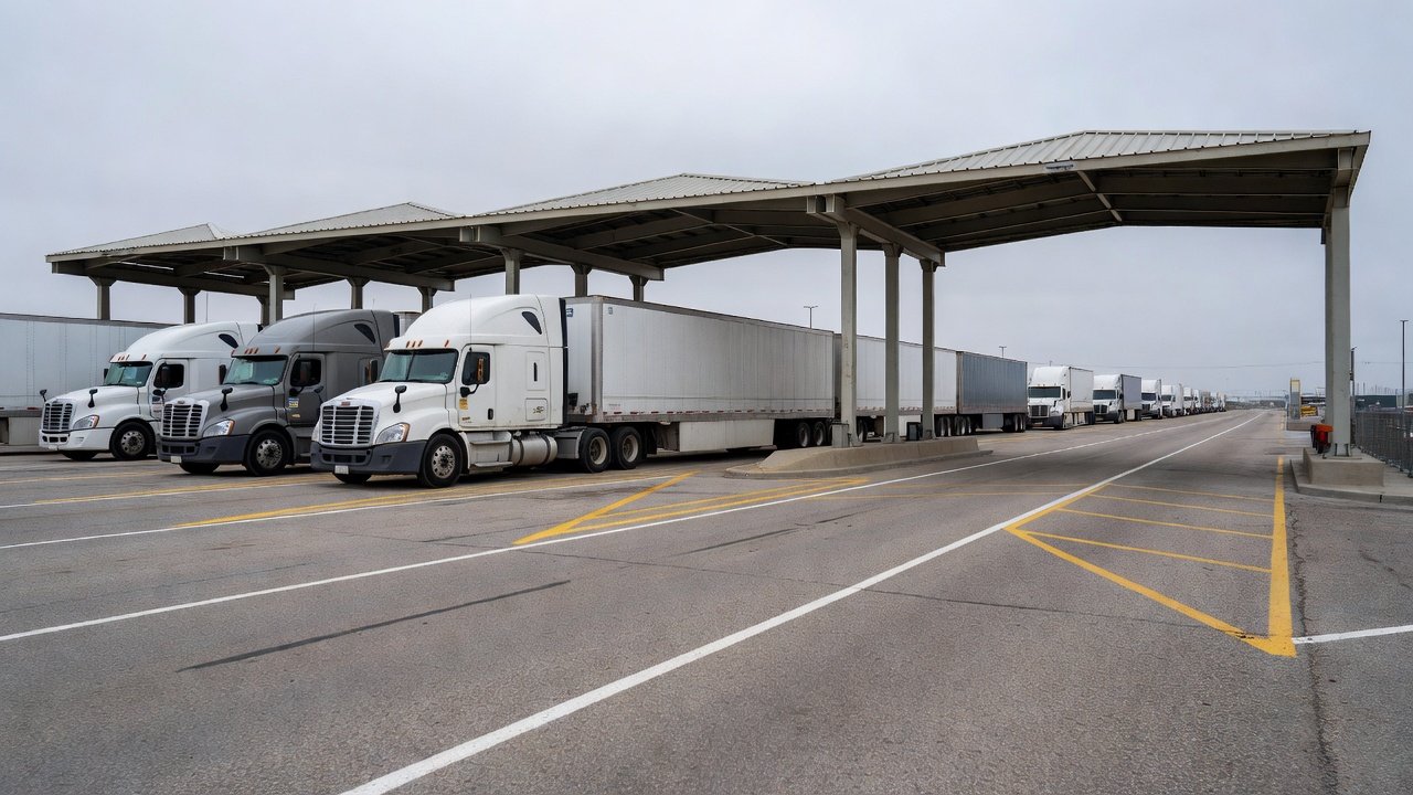 Transport trucks queued at a northern border crossing with commercial cargo inspection lanes