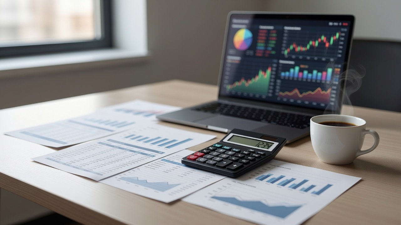 Printed financial statements, calculator and laptop on a desk in natural light